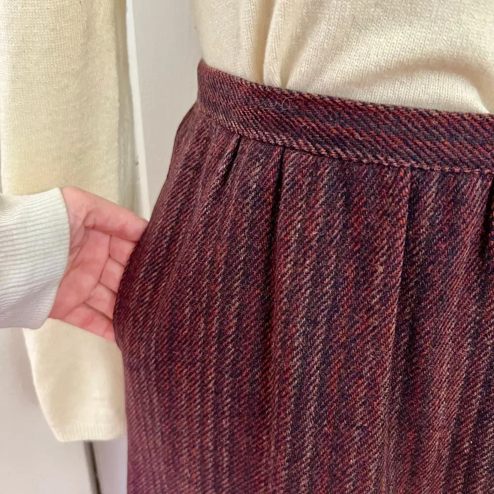 Vintage 90s Abbey Park Wool Midi Skirt Burgundy High Waist Made in USA 10
